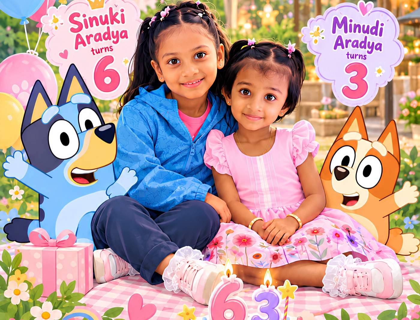 Sinuki and Minudi with Bluey and Bingo at a garden picnic